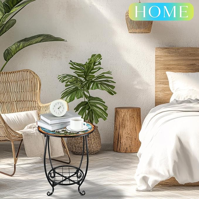 Cinnvoice Outdoor Side Table Round Small Mosaic Patio Accent Indoor End Plant