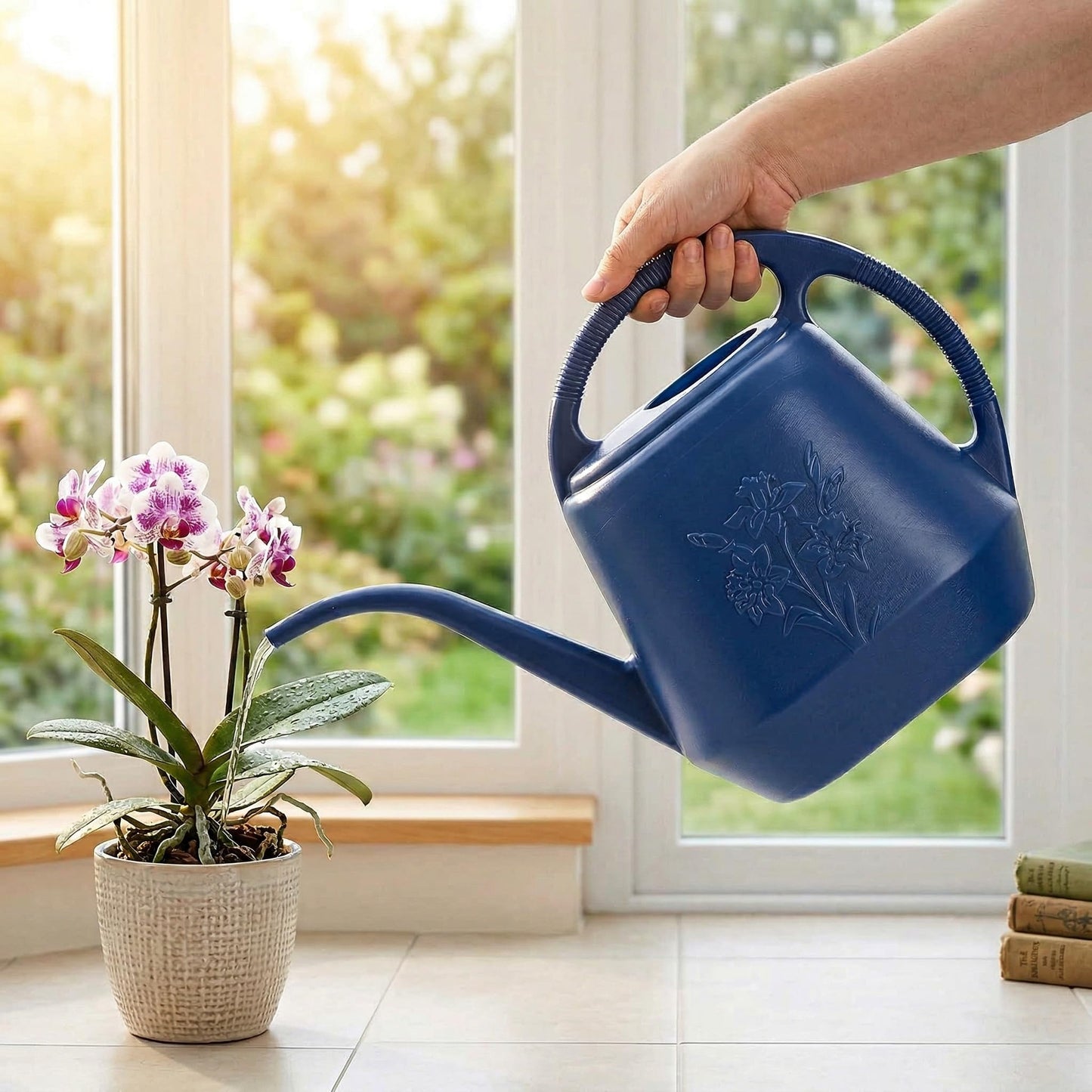 Fasmov 1-Gallon Plastic Watering Can with Comfortable Handle, Garden Watering Cans Long Spout for Indoor Outdoor Watering Plants, Blue