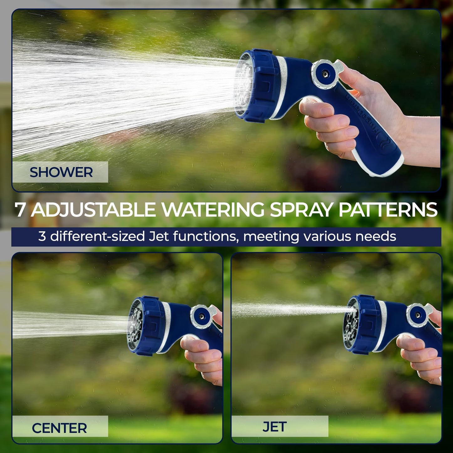 HugeDawn Garden Hose Nozzle with 7 Spray Patterns, Heavy Duty Metal Sprayer 30% Greater Water Flow for Watering, Car Wash, Outdoor Cleaning (Blue)