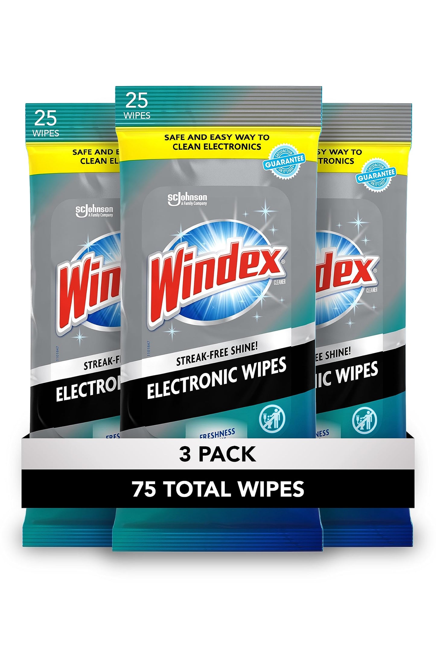 Windex Electronic Cleaning Wipes, Pre-Moistened Screen Wipes for TVs, Phones, and Other Electronics, Resealable for a Freshness Lock, 25 Count (Pack of 3)