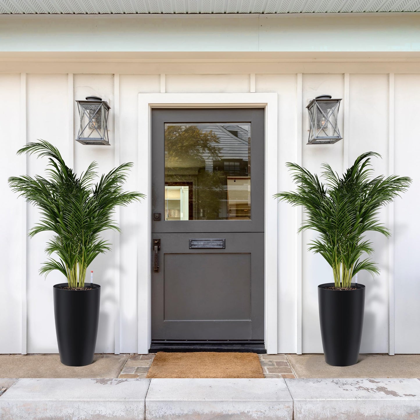GarveeHome Set of 2 Tall Planters for Outdoor Plants, 22 Inch Large Self Watering Planters with Water Level Monitor, Indoor Outdoor Plastic Flower Pots for Porch, Patio, Backyard & Entryway,Black