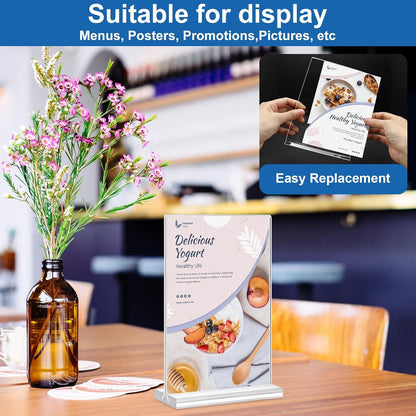 Acrylic Sign Holder 5.5 x 8.5, 10 Pack Double-Sided Stand up Table Top Clear Sign Holders, T Shape Plastic Acrylic Picture Frame Menu Flyer Paper Holder Display Stands for Office Store Wedding Party