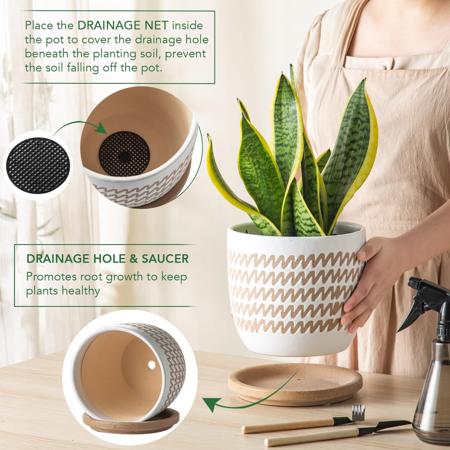 POITONRU Ceramic Flower Pots Indoor-Outdoor: 7.75 Inch Large Planters with Drainage Holes & Saucer - Modern Decorative Plant Pots Ceramic for Home Gardeners (Wave)
