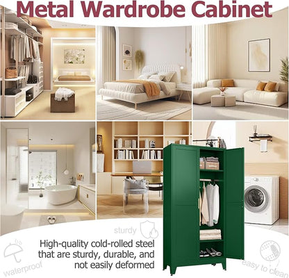 GAIOUS Metal Wardrobe Cabinet with Hanging Rod, Clothing Storage Cabinets | with 2 Doors and Adjustable Shelves, 71" Metal Green Armoire Wardrobe Closet for Bedroom, Laundry Room, Cloak Room