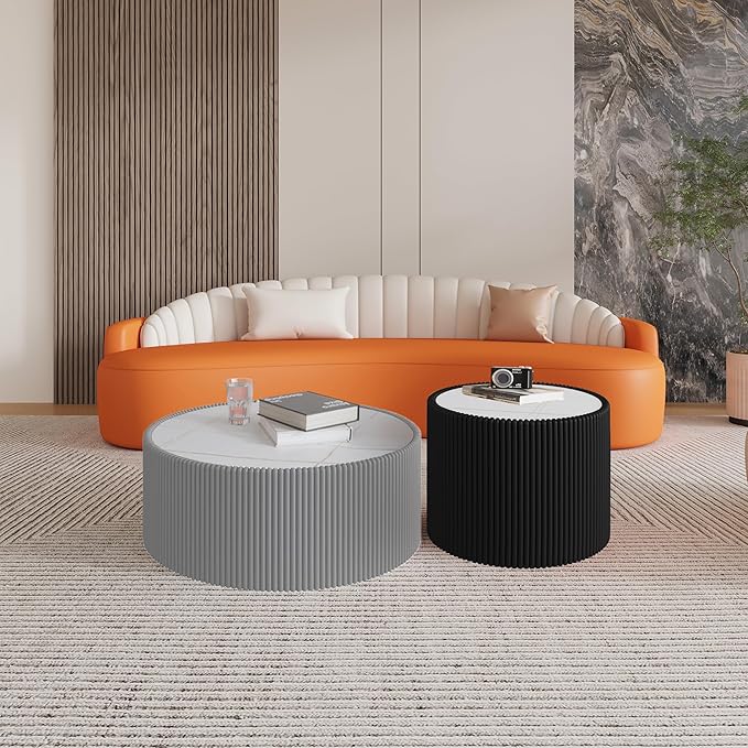 29.52" Round Marble Coffee Table, Modern Fluted Coffee Table w/White Sintered