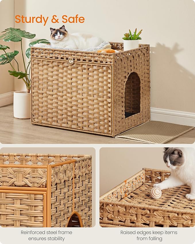 Feandrea Cat Litter Box Enclosure, Handwoven Rattan Hidden Litter Box Furniture