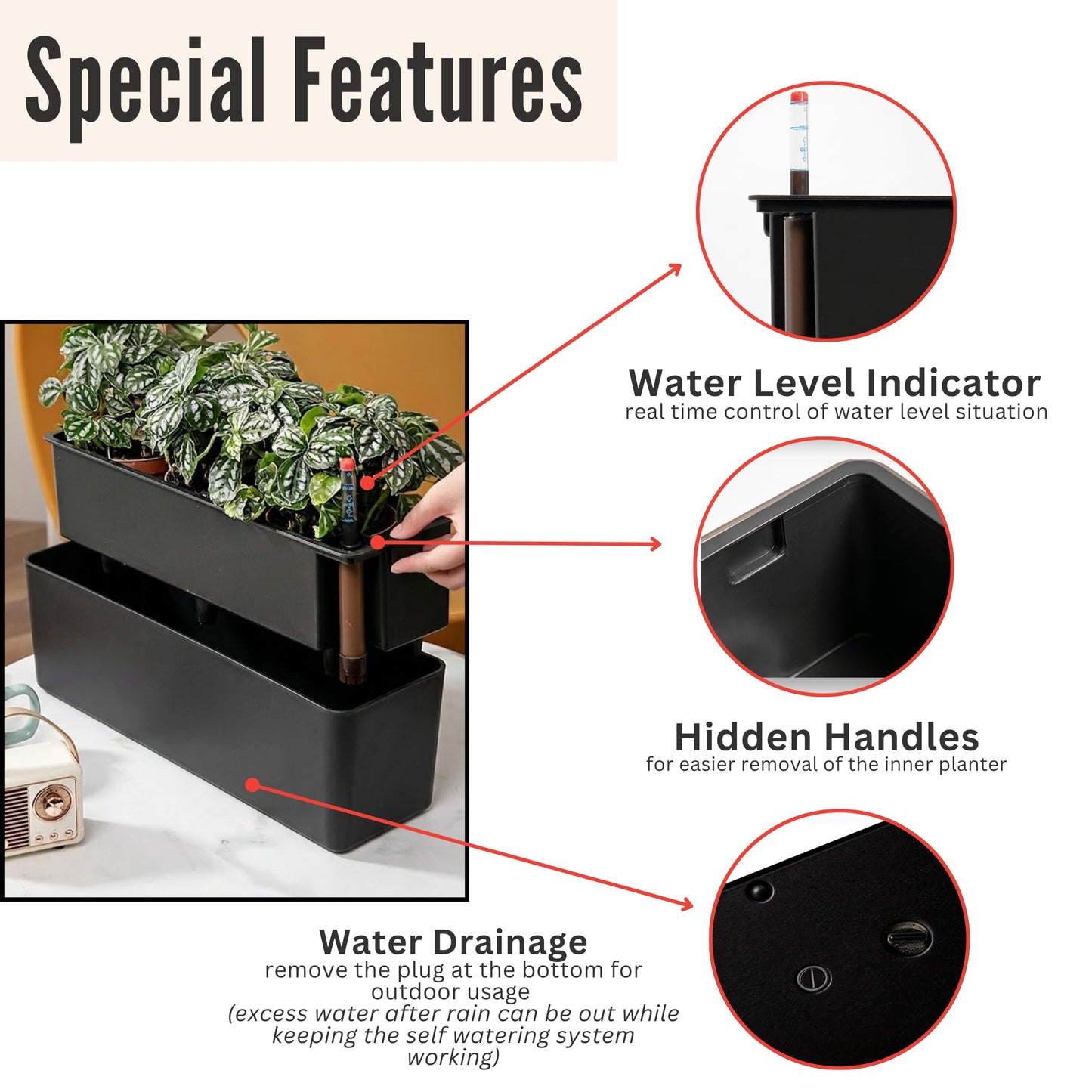 LaLaGreen Railing Planter Boxes (16 Inch, 2 Pack) Black Rectangular Plastic Window Box Planters with Self-Watering System Metal Brackets, Outdoor Plants Herbs Flowers Deck Balcony Fence Garden Decor