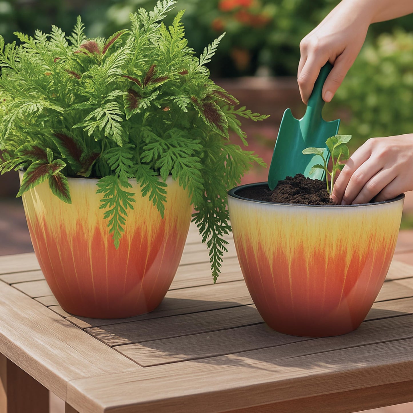 LESOASIS Plant Pots Pack of 4, 8 inch Plastic Flower Pots, Modern Glossy Finishing Planter for Indoor Outdoor Plants (Orange Glaze, 4 Pack)