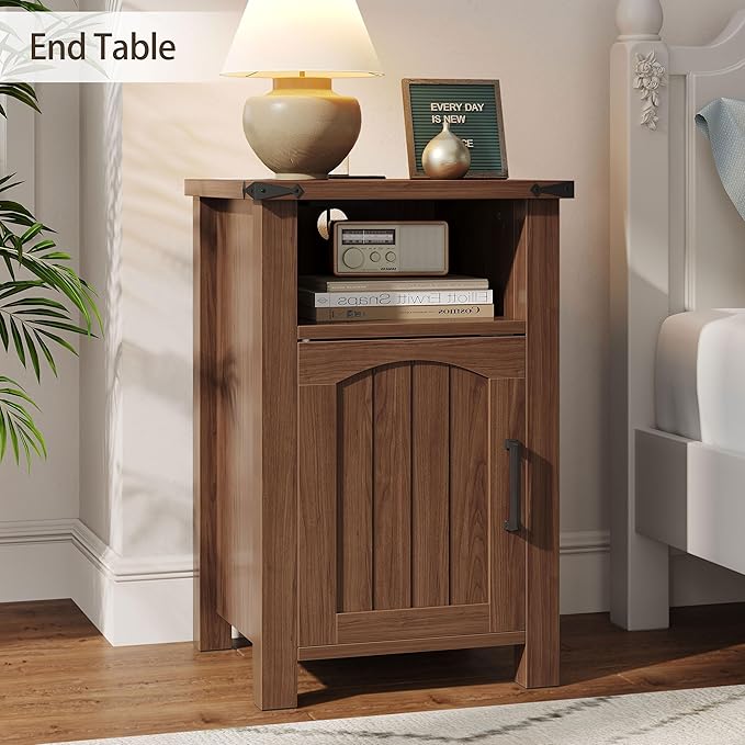 Farmhouse Nightstand with Charging Station, Rustic Bedside Table with Large