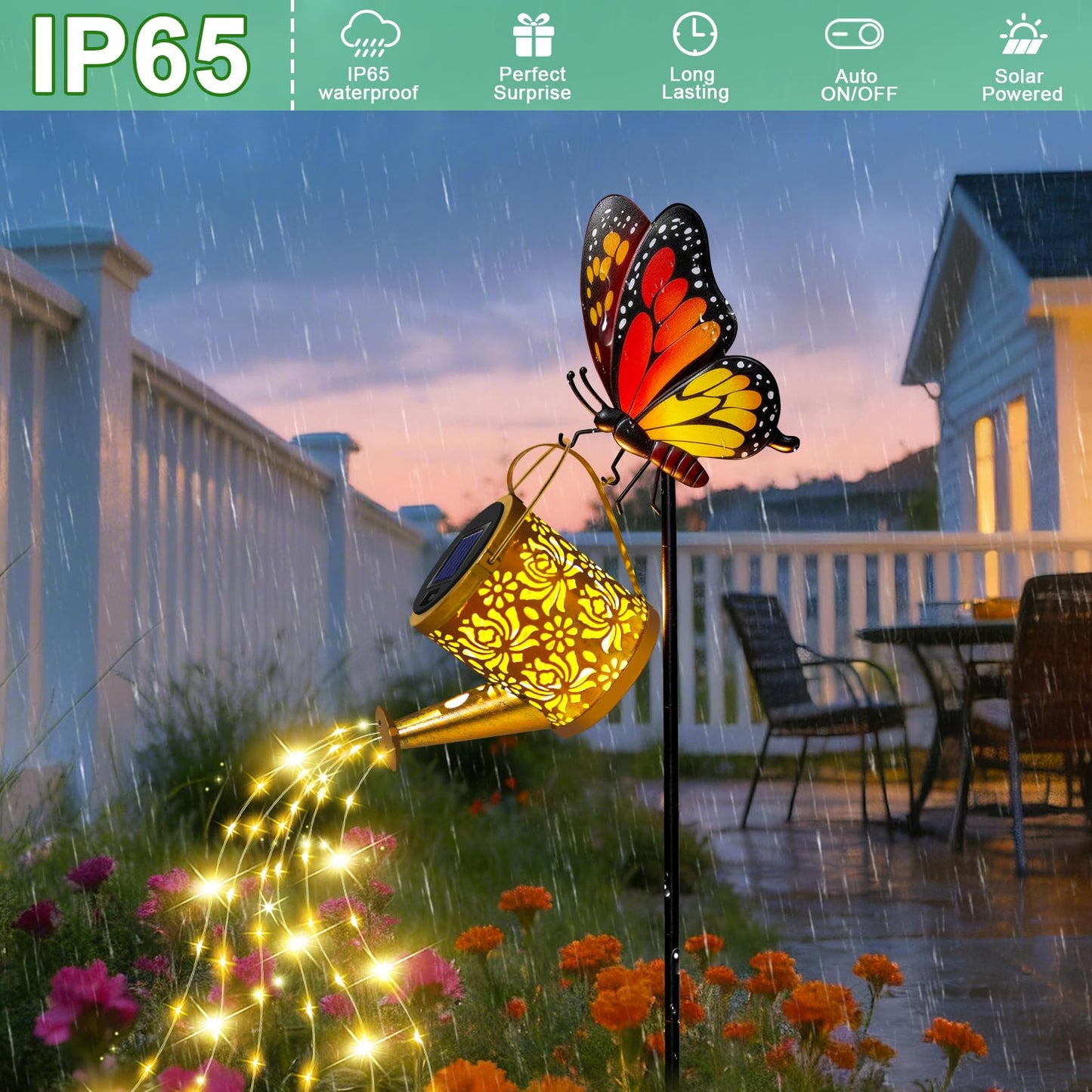yeuago Solar Lights Outdoor Decorative, Watering Can with Cascading LED Lights on Butterfly Shepherd's Hook, Solar Garden Stake Decor for Yard, Mothers Day Gift for Women Mom
