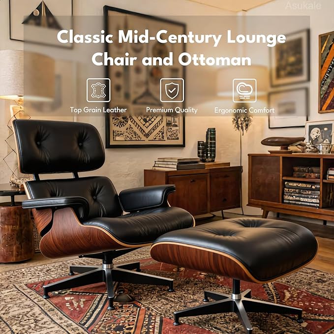 Top Black Grain Leather, Mid Century Chaise Lounge Chair and Ottoman, Accent