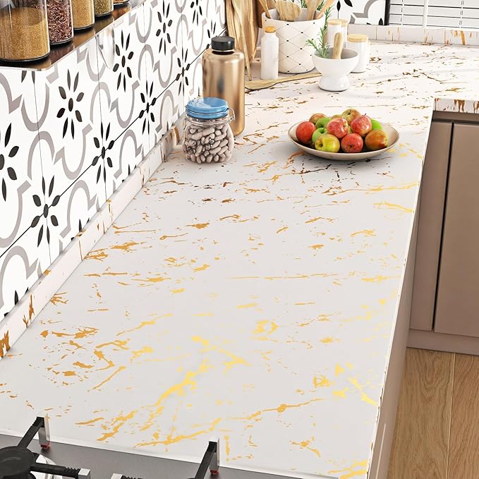 FunStick 36"x200" Cream White and Gold Wallpaper Peel and Stick Marble Contact