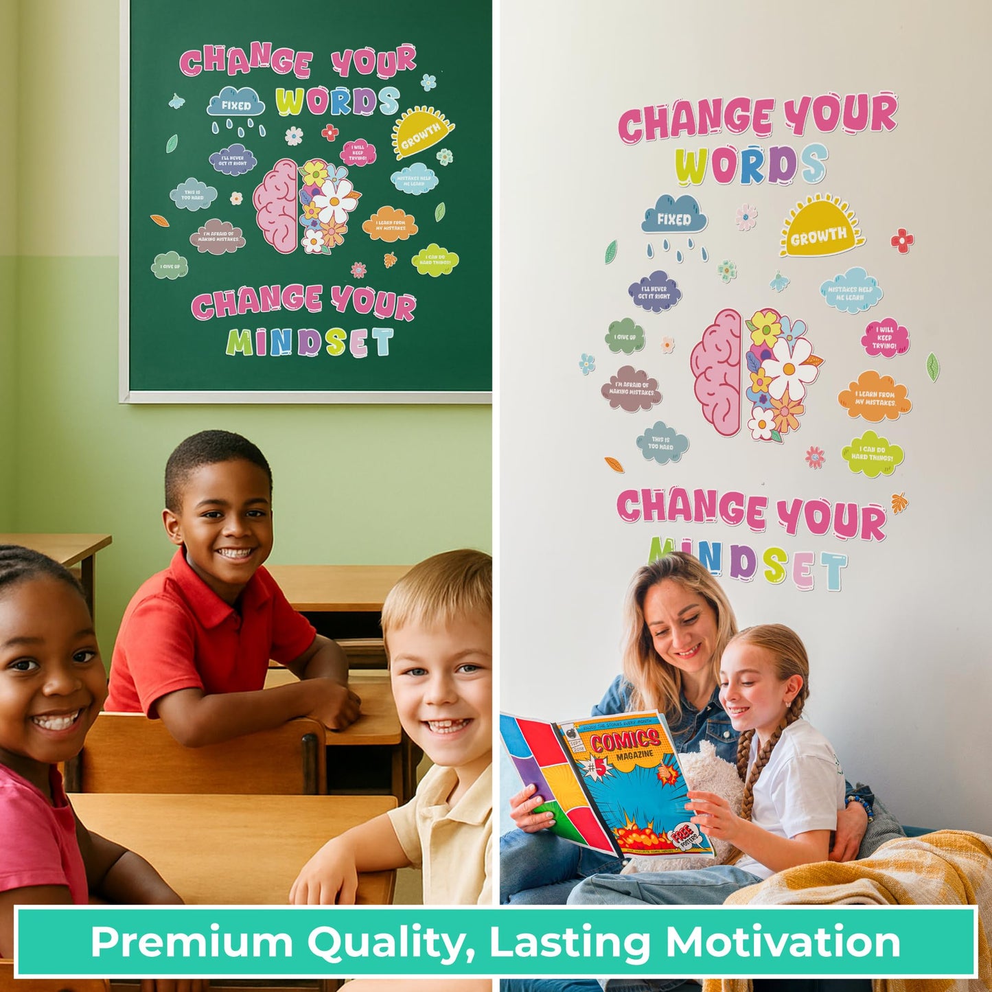 EXCOOL CLUB Growth Mindset Bulletin Board Set - Change Your Words Change Your Mindset Teacher Bulletin Board Decorations For Classroom Decor, Positive Affirmations Wall Decor Growth Mindsets Posters