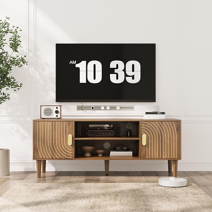 Smuxee Walnut TV Stand with Line Groove Design, 47.2" Mid Century Modern TV