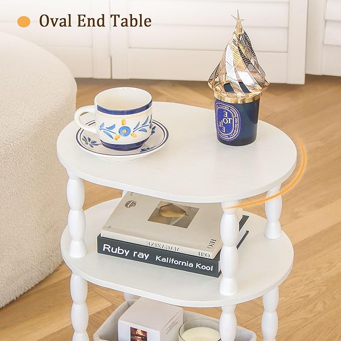 MaxSmeo White Side Table with Charging Station, 3-Tier Small Oval End Table
