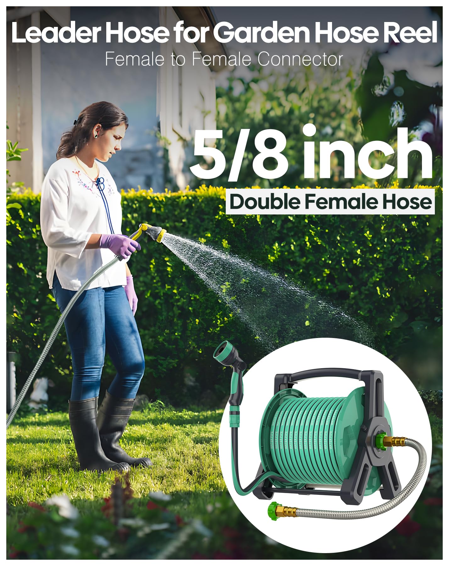 Short Metal Garden Hose 5 ft with Female to Female Connector， Stainless Steel Small Leader Hose for Hose Reel, Long, Flexible, Lightweight & Heavy Duty Water Pipe, Outdoor Water Hose Extension Adapter