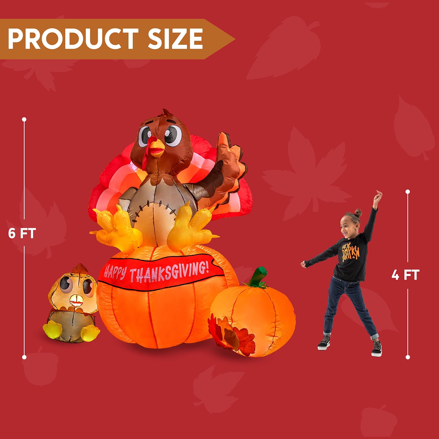 Joiedomi 6 ft Thanksgiving Inflatable Turkey on Pumpkin Decoration, LED Light Up Blow Up Turkey for Autumn Thanksgiving Family Party Décor, Halloween Inflatable for Yard Garden