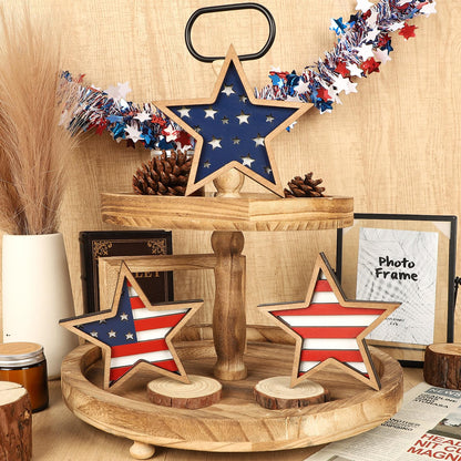 COCHIE 4th of July Decorations Wooden Stars, Patriotic Memorial Day Star Tiered Tray Decor Set of 3, Fourth of July Red White Blue Decoration for Home Office Table Shelf (Flag Hollow)