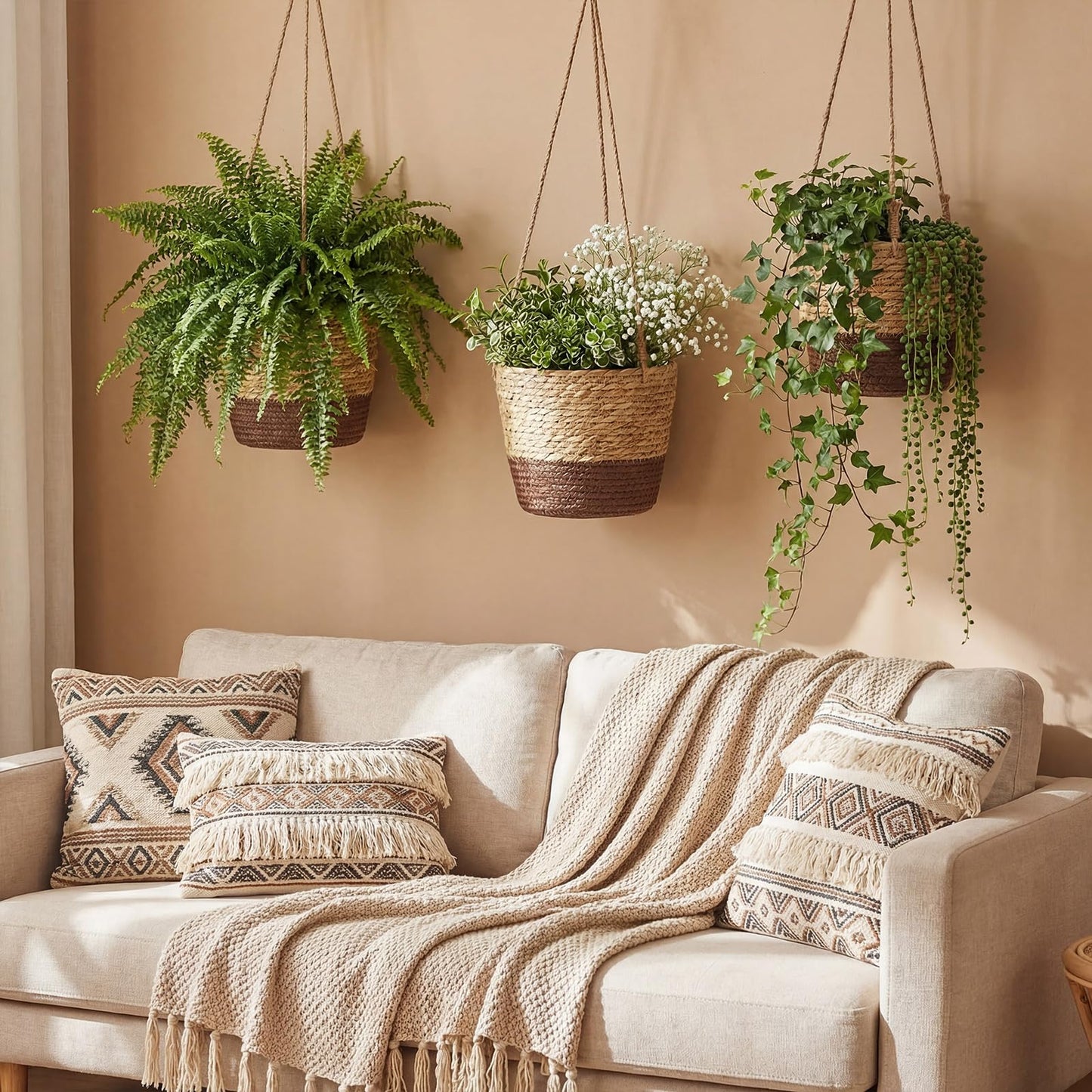 Ferrochef 6 Pcs Seagrass Hanging Planter Basket Hand Woven Plant Basket with Plastic Liners Hanging Plant Holder Storage Containers with Cotton Rope for Indoor Garden Decor (Small,Brown,Coffee Brown)