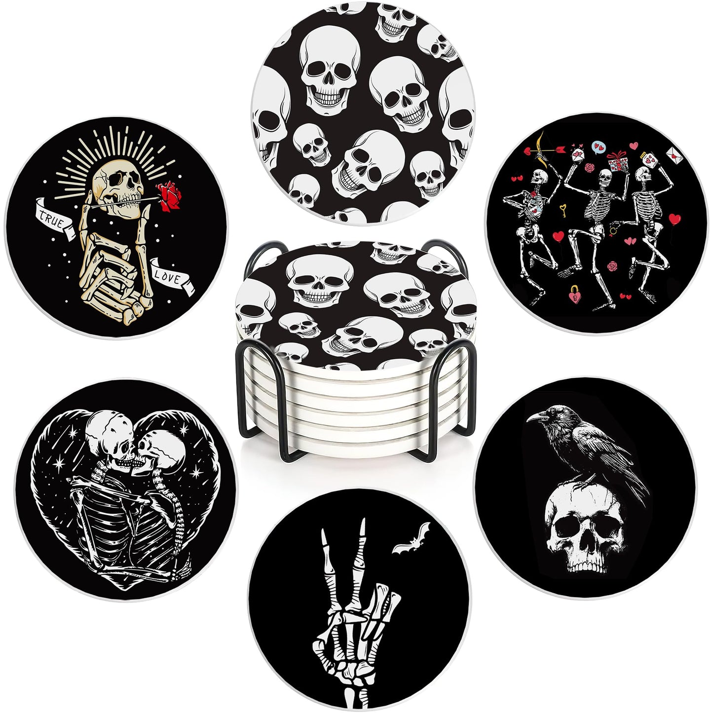 Coaster for Drinks Set of 6, Skeleton Skull Absorbing Round Ceramic Stone Coaster with Cork Base,Tabletop Protection Mat for Mugs and Cups,Coffee Table Wine Glass Home Bar 4 Inch