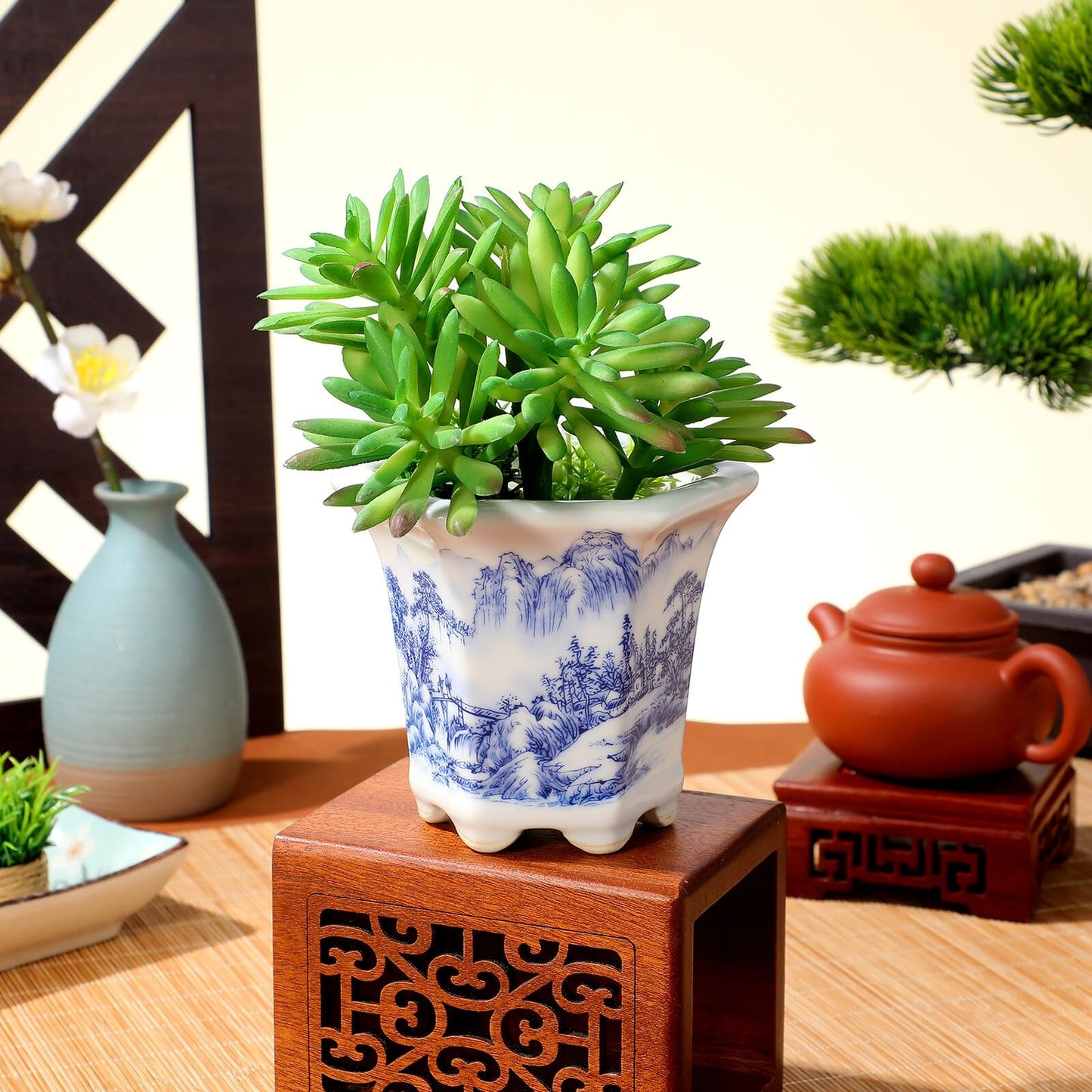 Yardenfun Blue and White Porcelain Planter Pot for Indoor Plants Small Ceramic Succulent Flowerpot Asian Style Oval Home Garden Decor