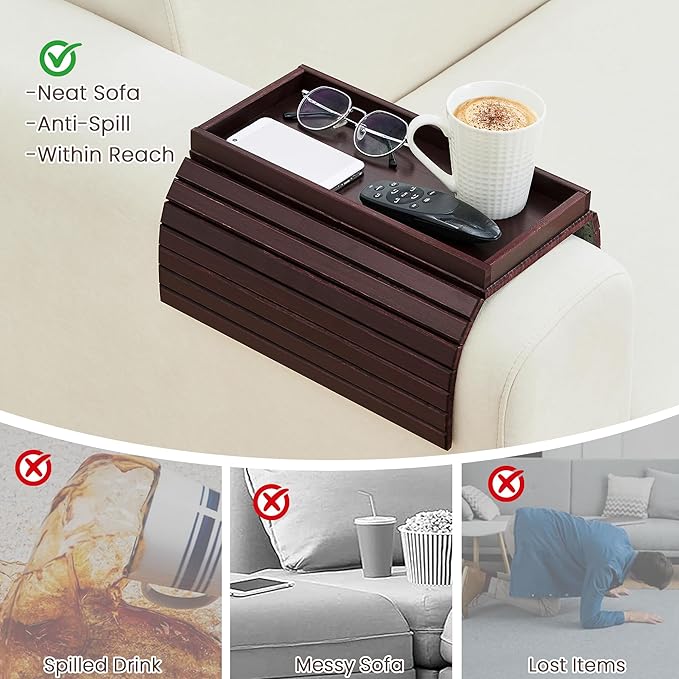 GEHE Bamboo Sofa Arm Tray, Foldable Couch Arm Tray Side Table, Anti-Falling