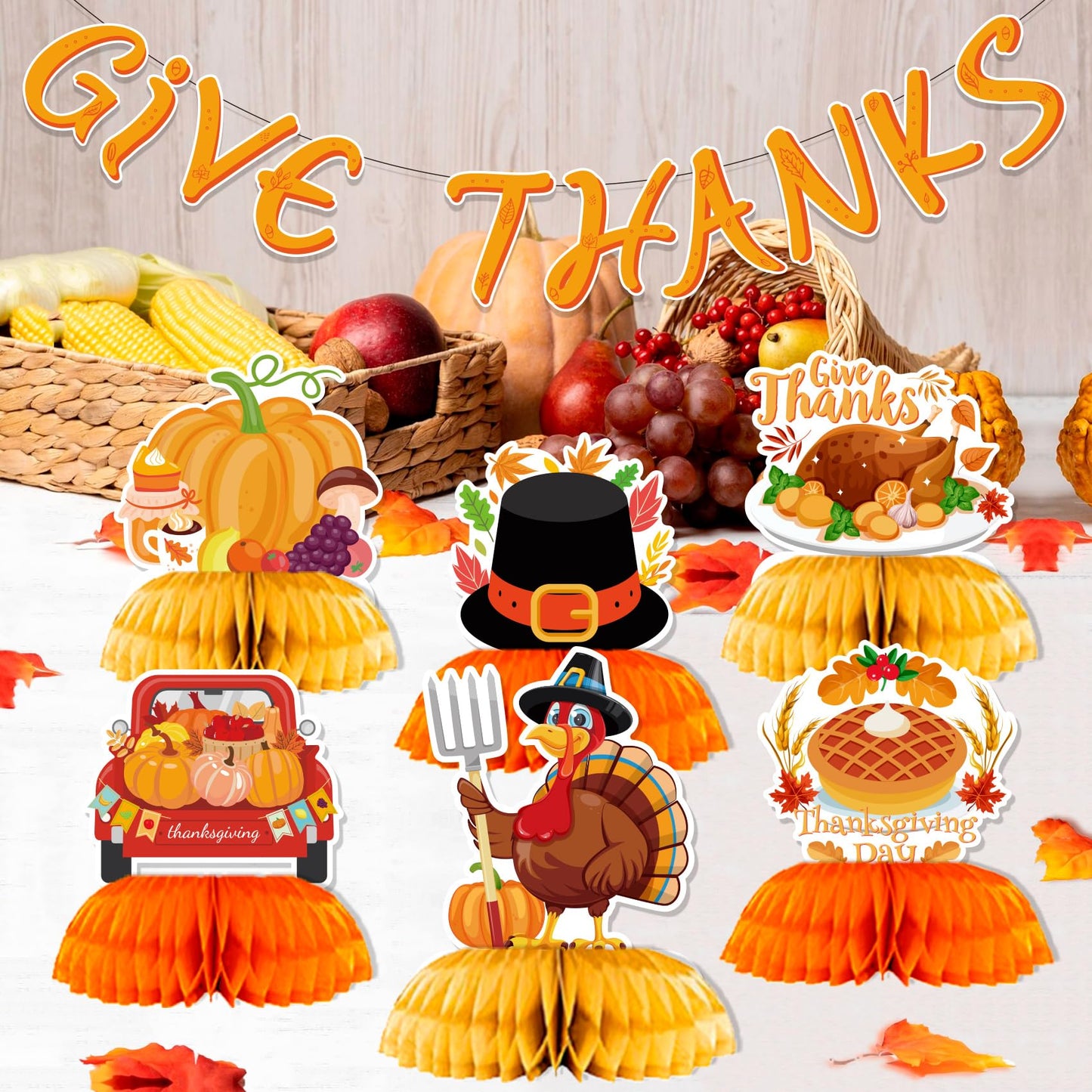 9Pcs Thanksgiving Honeycomb Centerpiece Party Decor | Thanksgiving Table Decorations |Thanksgiving Party Decorations| Thanksgiving Centerpieces for Tables |Give Thanks Banner Pumpkin Truck Sunflowers