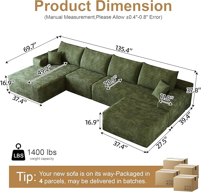 136" Sectional Couches for Living Room Cloud Couch Sofa