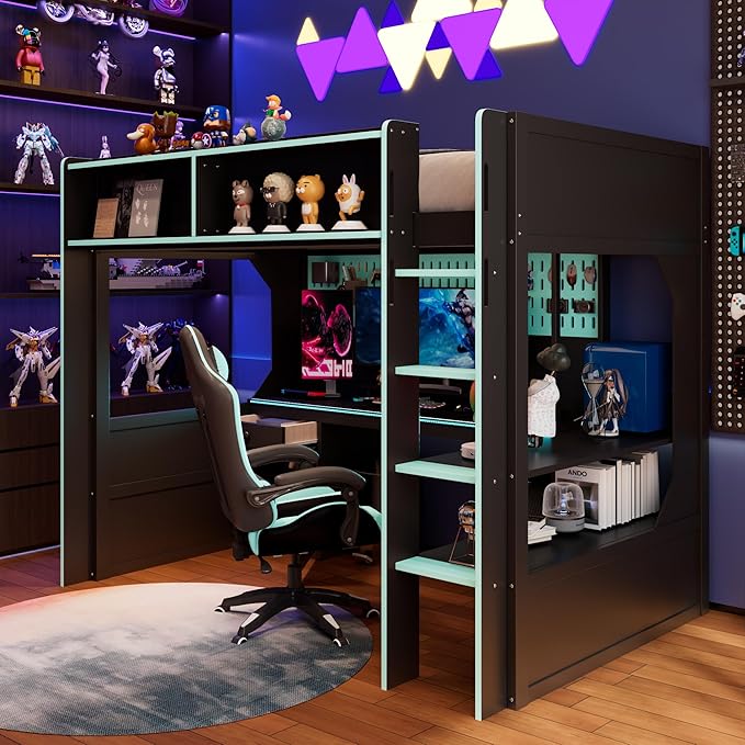 Modern Gaming Loft Bed with Built-in Desk, LED Lighting & Charging Hub –Twin