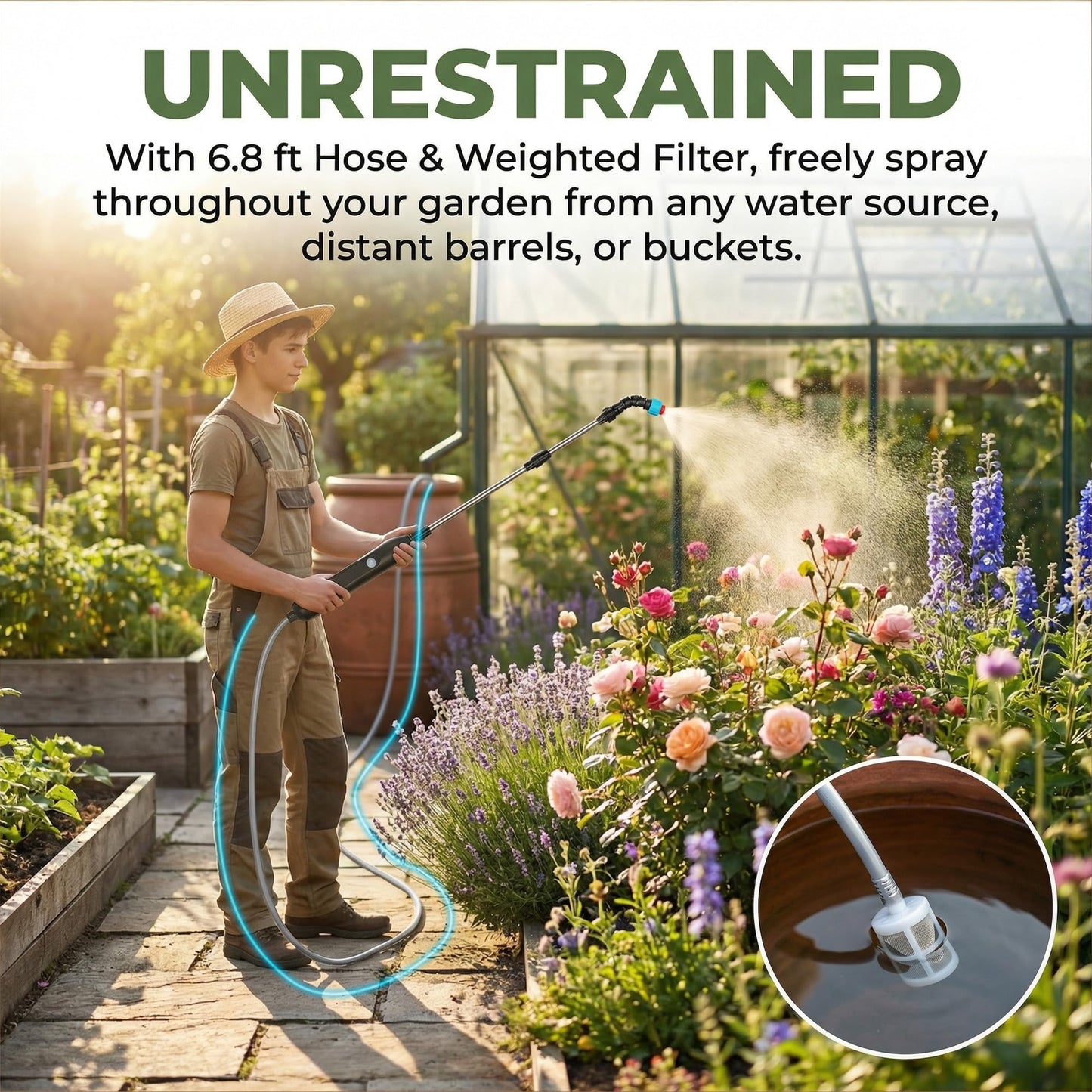 Rechargeable Cordless High Reach Plant Waterer - with Telescopic Wand Plant (25.6–33.4 in), Watering Can Hanging Plants Baskets, 2 Adjustable Nozzles and 8.6ft Water, Hose for Yard Lawn Weeds Plants