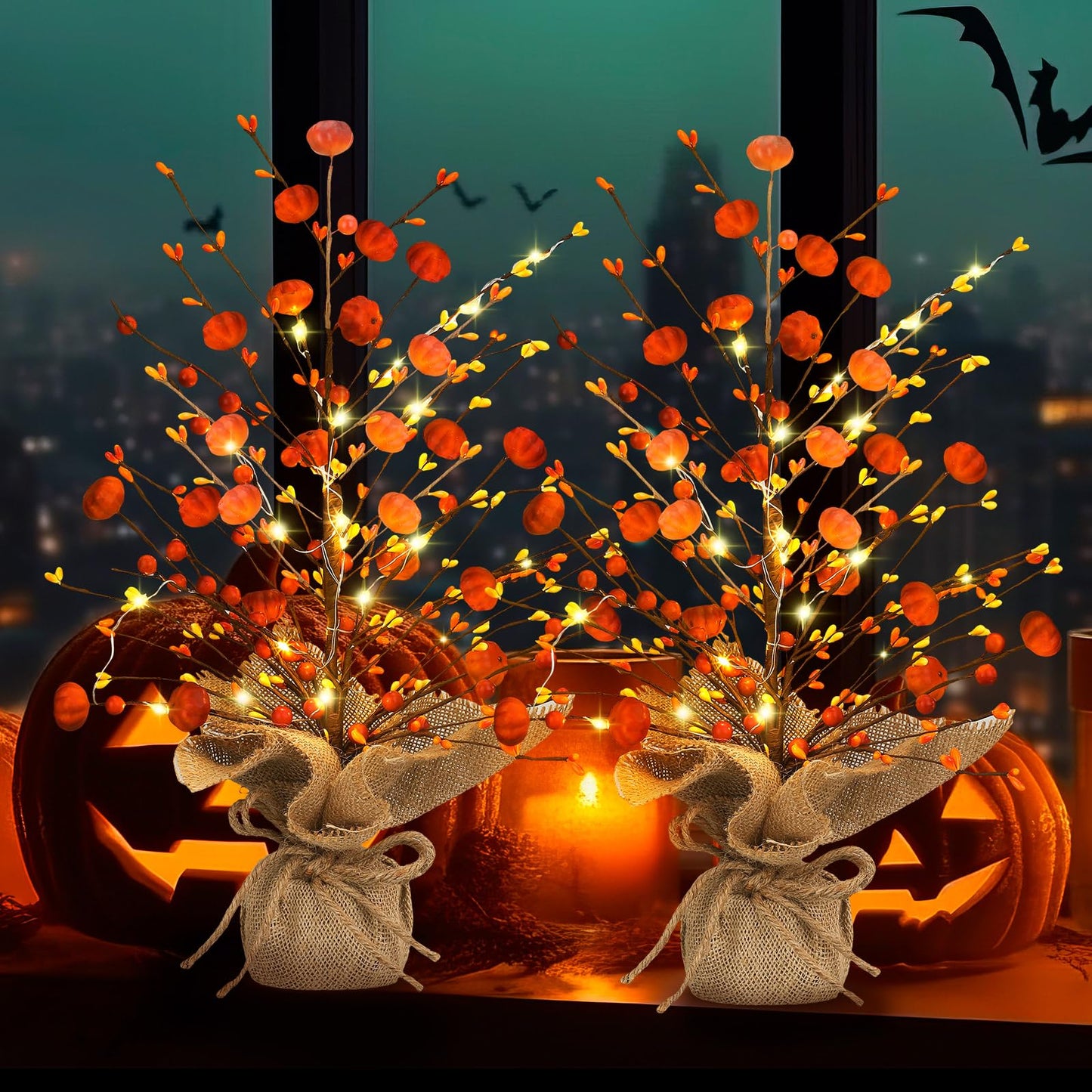 Ganeen 2 Pcs Thanksgiving Lighted Fall Tree Tabletop Decor LED 18 Inch Light up Fall Mini Tree Table Centerpiece Autumn Pumpkin Berry Harvest Decorations Rustic Burlap Base for Home Office Desk Decor