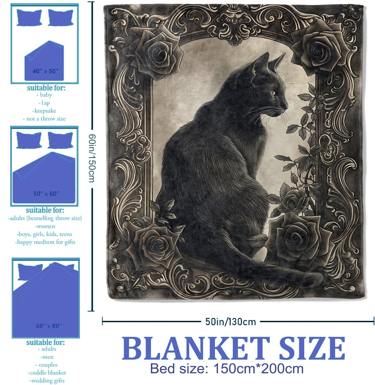 Plistiz Goth Black Cat Elegance Throw Blanket 50x60 Inch, Floral and Gothic Blankets for Unique Home Decor, Flannel Polyester, Black Cat for Cat Lovers Women