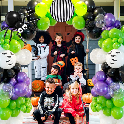 Halloween Balloons Garland Arch Kit, 120pcs Black White Green Purple Balloons, Metallic Purple Spider Striped Foil Balloon 3D Bat Stickers for Happy Halloween Birthday Haunted Theme Party Decorations