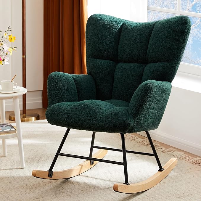 DUMOS Rocking Chair with Wing Backrest, Teddy Comfy Upholstered Indoor Reading