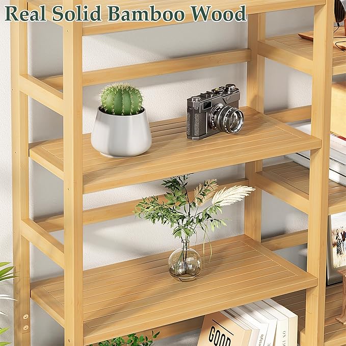 Homykic Bamboo Bookshelf, 71” Tall Triple Wide Bookcase