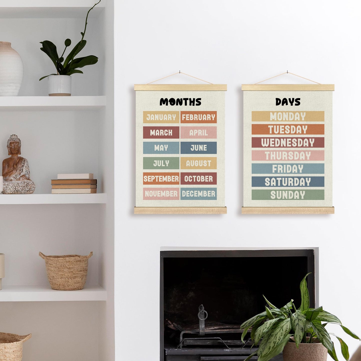 BCUANGD Classroom Wall Decor - Days of the Week Months of the Year Poster Hanger with Wood Frames Set of 2, Neutral Classroom Wall Hanging Canvas Decor for Kids Room Nursery Playroom, 12x16 Inches