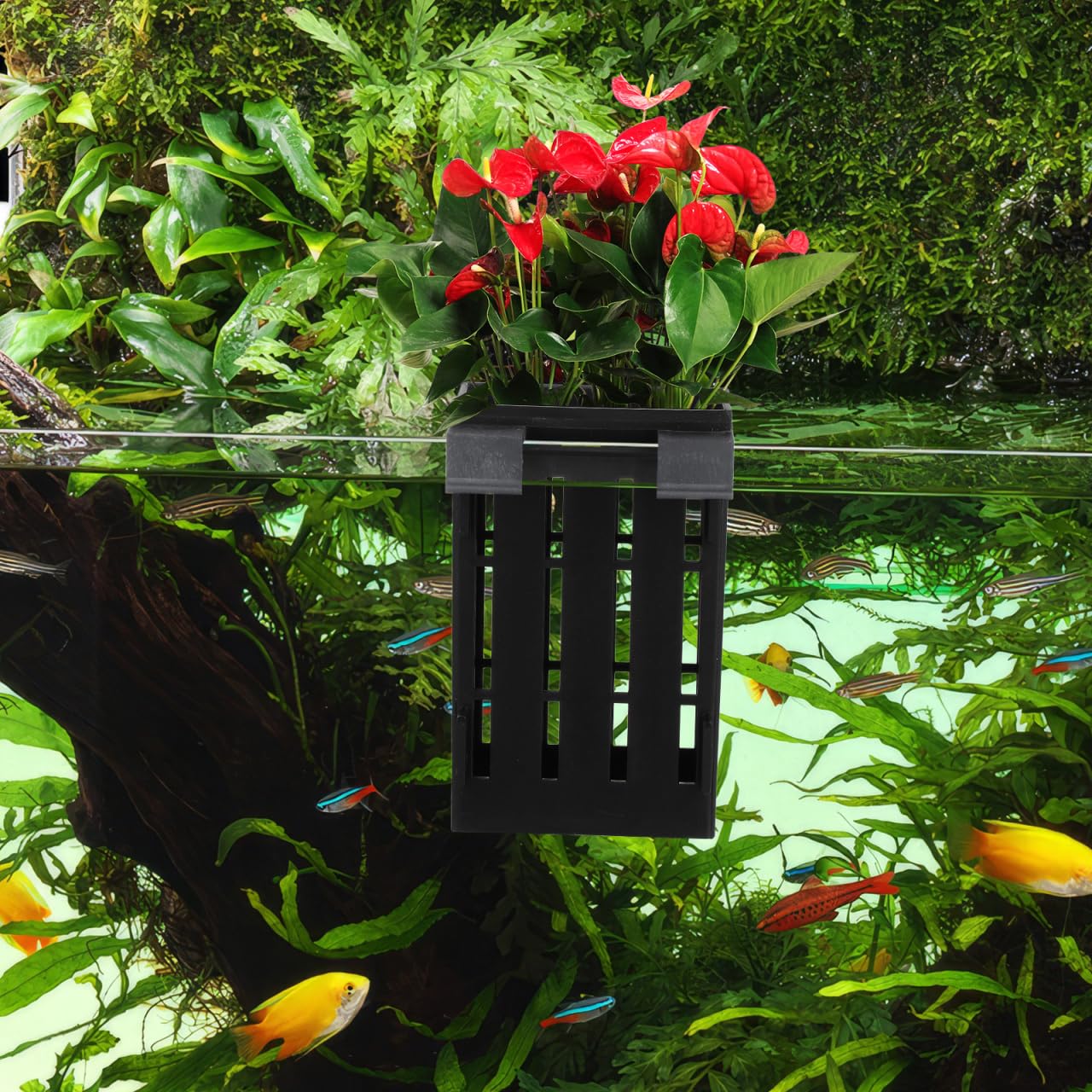 Ipetboom Hanging Aquarium Plant Holder 4-Pack Plastic Aquatic Planters 4.92X3.14X2.16In with Multiple Drainage Holes for Fish Tank Decoration and Aquatic Plant Growth
