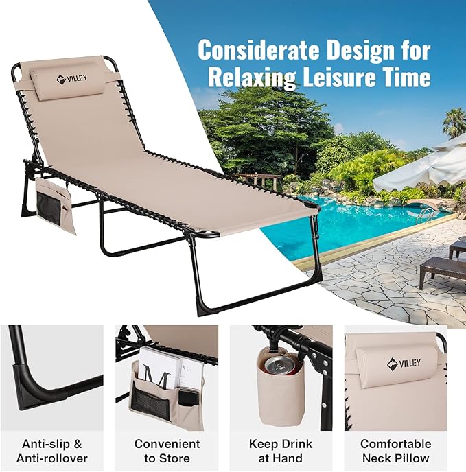 VILLEY Oversized Chaise Lounge Chair, Heavy-Duty Folding Outdoor Lounge Chair
