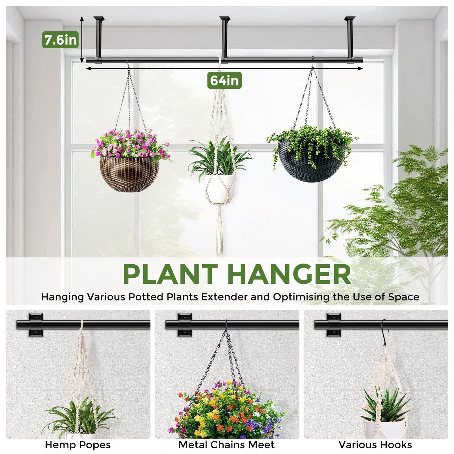 Mogaath Hanging Planters for Indoor Plants, 64 Inch Heavy Duty Plant Hanger Indoor, 1 Inch Diameter Metal Rod, Hanging Plant Holder for Window Wall, Matte Black, Square Flange Base, Pot Not Included