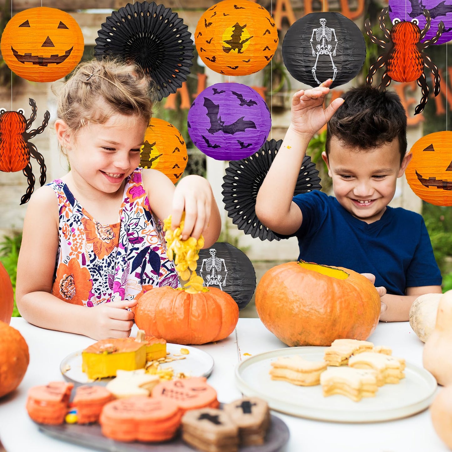 Halloween Hanging Decorations Paper Lanterns with Lights, Pumpkin Bat Skeleton Lanterns Spider for Indoor & Outdoor Spooky Home Decor Halloween Party Supplies Props 10" (8 LED Light)