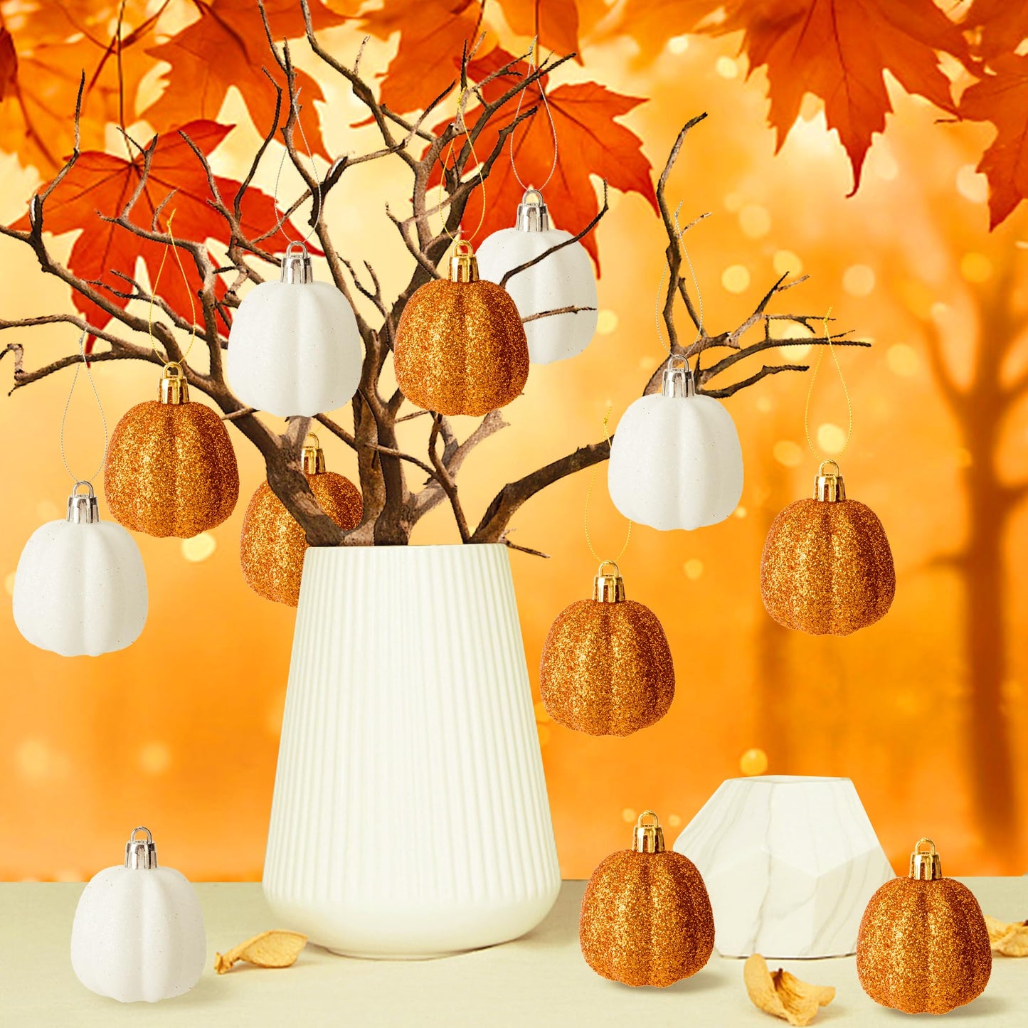 16 Pcs Fall Thanksgiving Pumpkin Hanging Ornaments- 2.2" x 1.8" Glitter Fall Pumpkin Tree Ornaments- Shatterproof Farmhouse Rustic Hanging Pumpkins Decoration for Autumn Thanksgiving Xmas Home Decor