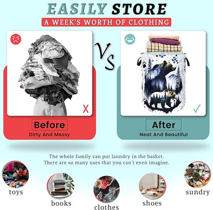 Bear Forest Laundry Basket Animal Bears Laundry Hamper Foldable Oxford Cloth Adventure Funny Tote Bag Clothes Toy Storage Bucket For Bathroom/Laundry Storage/Bedroom 18.9 x 16.5 Inch