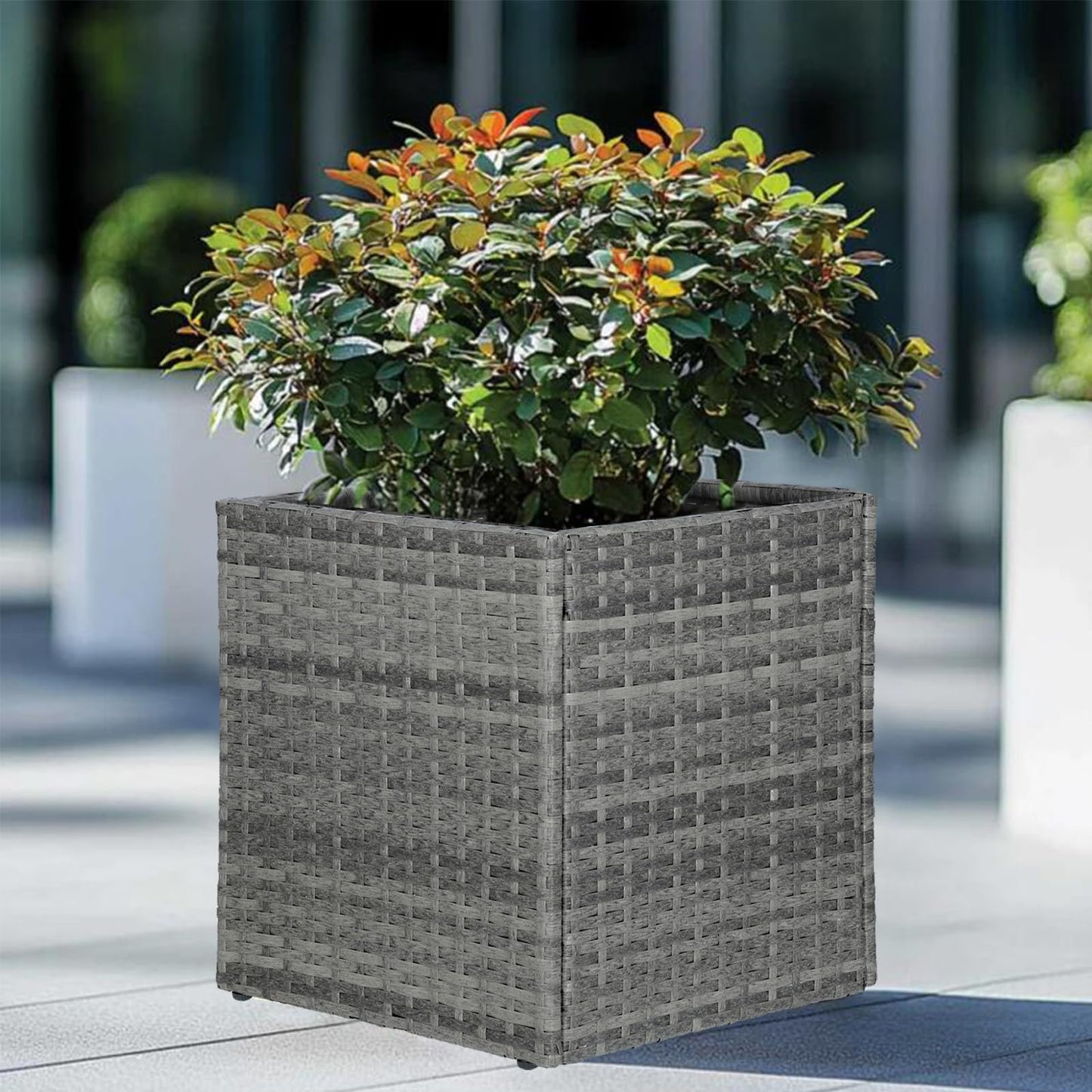 SUNNYPARK Gray Square Planter Box All-Weather PE Rattan Large Modern Planters with Removable Liner Indoor Outdoor Decorative Flower Pot for Patio, Balcony, Garden