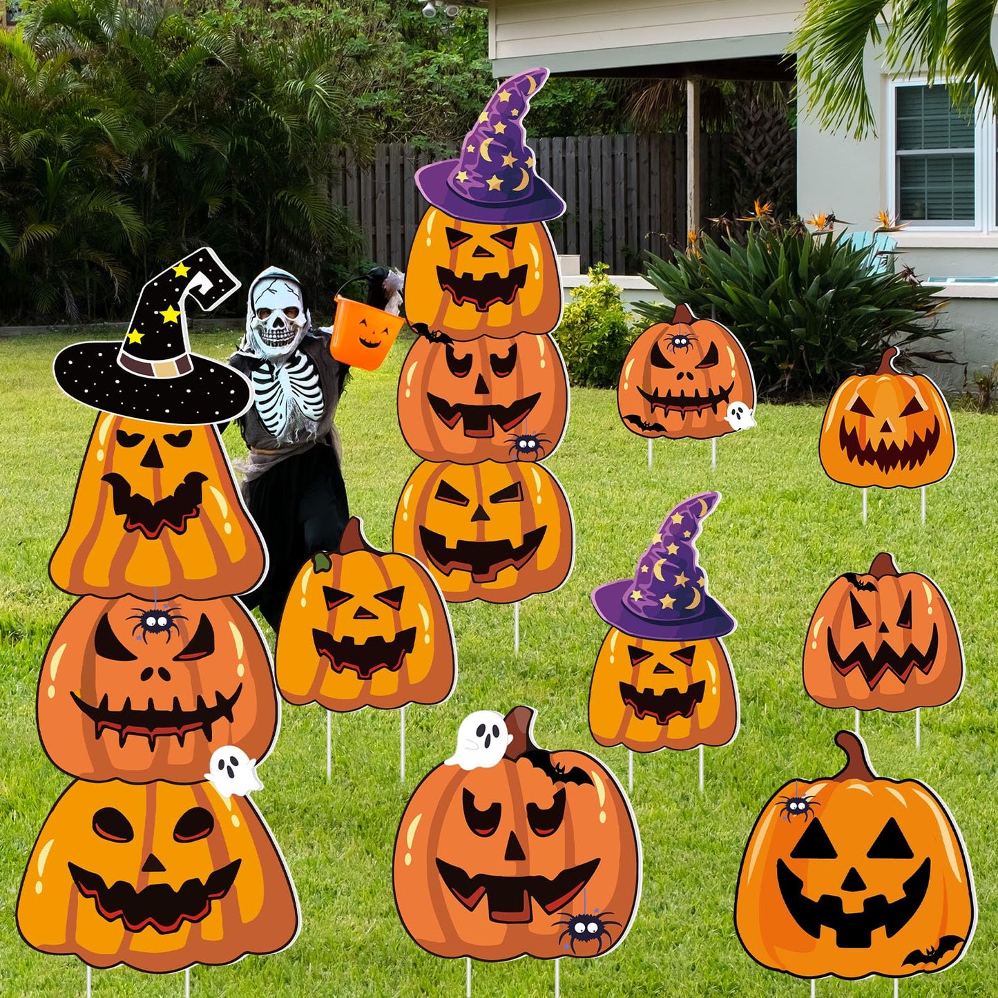 Amyhill 12 Pcs Halloween Pumpkin Yard Signs for Outdoor Spooky Ghost Jack O 16 Pcs Pumpkin with Witch Hats Lawn Stakes Trick or Treat Yard Decorations for Halloween Garden Stack Prop Home Party Decor
