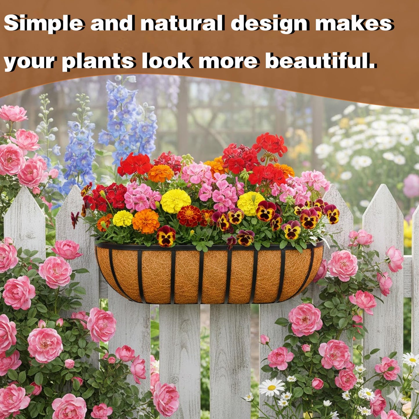 JFFLYIT 4 Pcs 36“ Railing Planter Window Box Deck Railing Planter Boxes with Coco Liner English Horse Trough Planters Metal Wall-Mounted Planters Basket for Outdoor Balcony Porch Fence Patio Rail