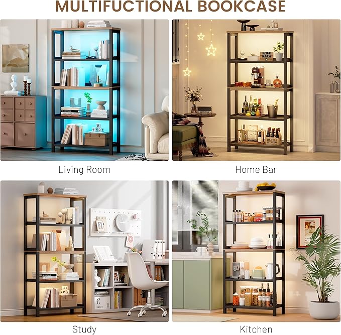 Vlsrka Wooden Bookshelf with Lights, 5 Tier Bookshelf with Storage, Tall