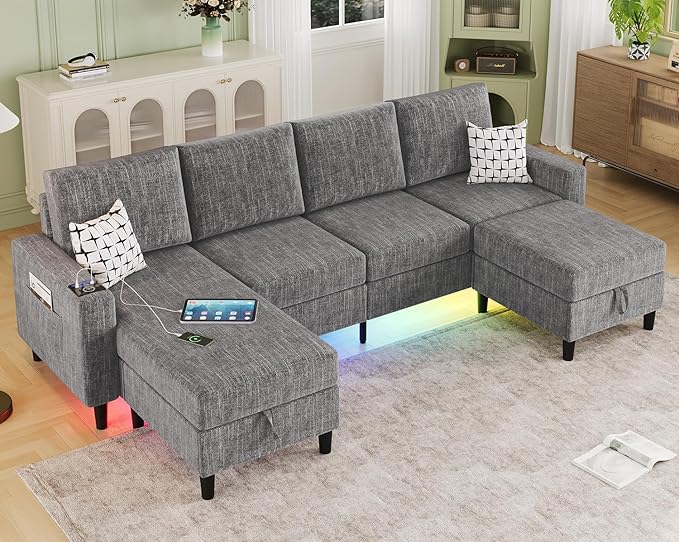 Sectional Couches for Living Room, 6-Seats Soft Linen Fabric Sectional Sofa