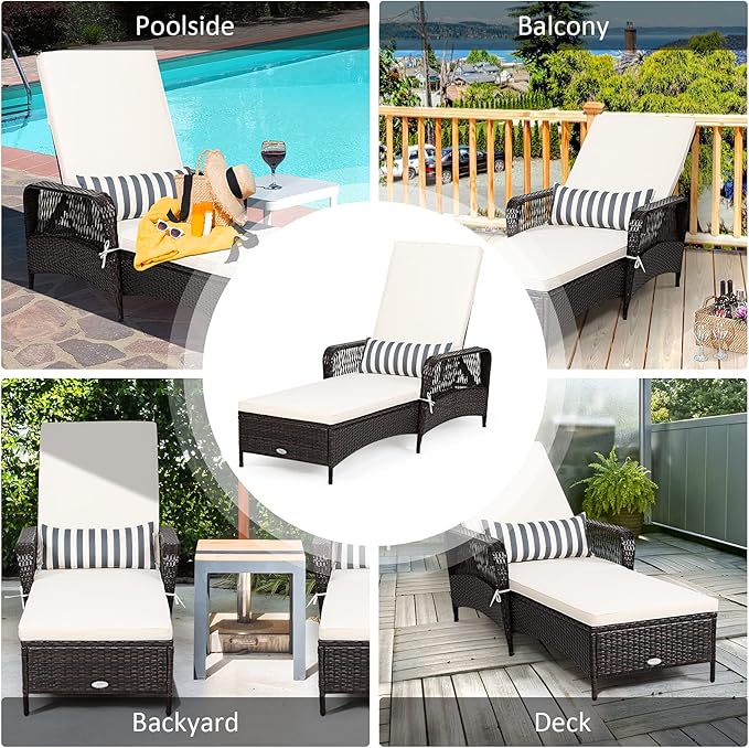 COSTWAY PE Rattan Chaise Lounge Chair, 6 Gear Adjustable Recliner