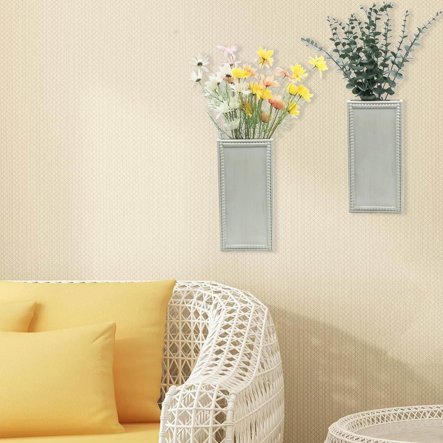 dugunusu Wood Wall Planter Set of 2, Farmhouse Wall Hanging Decor Pocket Planter for Greenery and Dried Flowers, Rustic Indoor Wood Hanging Vase (White)