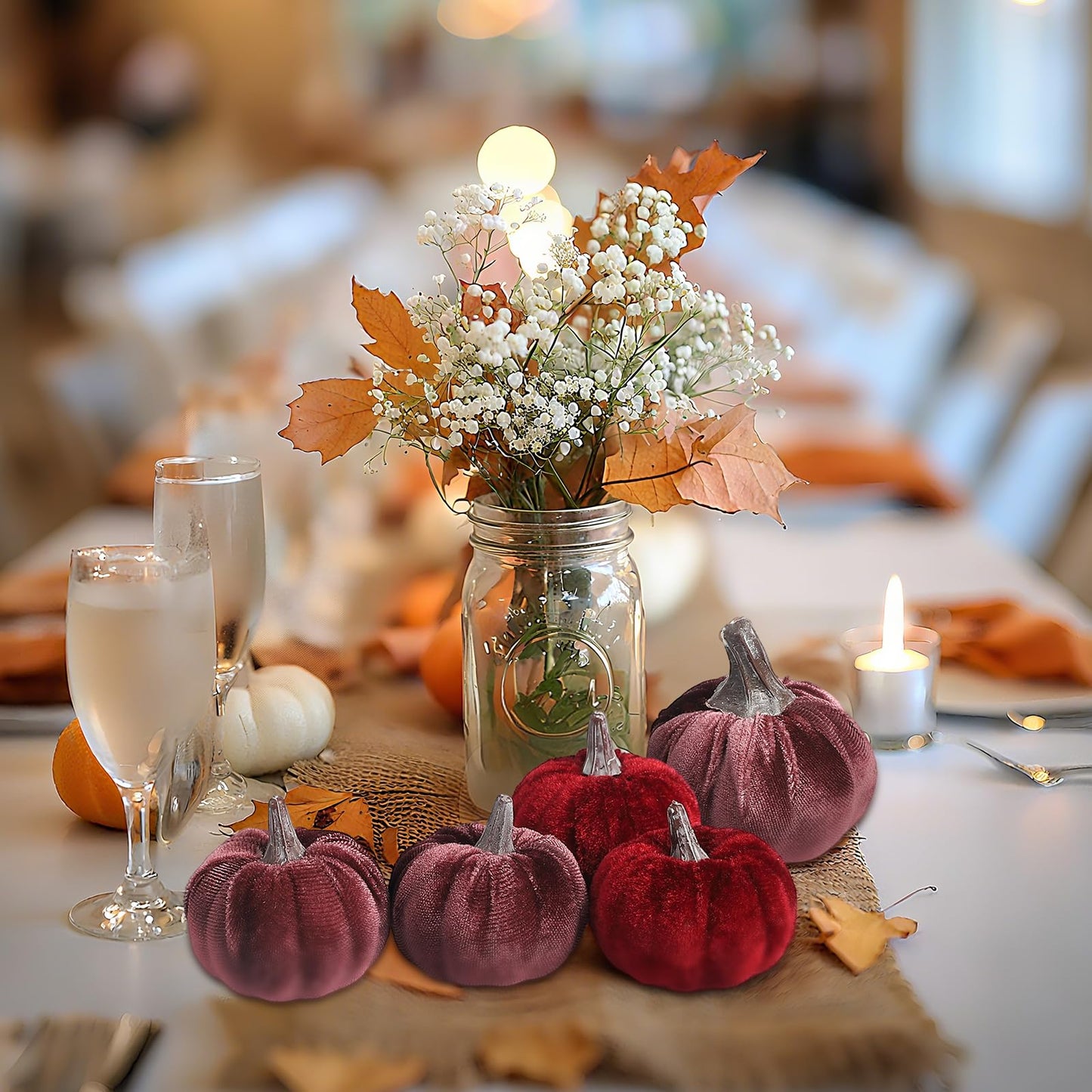 Lcuasc 12pcs Velvet Fake Pumpkins Fall Decor Faux Small Foam Fabric Pumpkin for Autumn Table Centerpiece Party Farmhouse Harvest Thanksgiving (Burgundy/Mulberry)